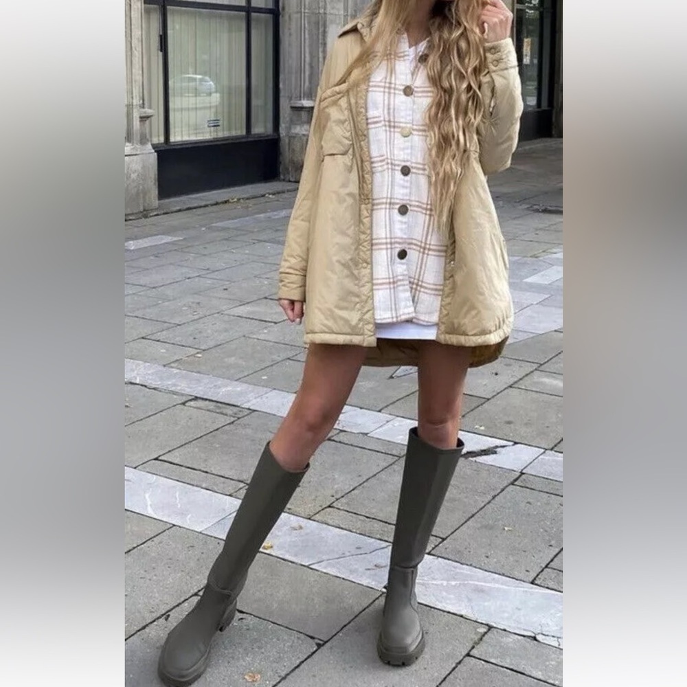 Zara quilted water repellent oversized jacket Overshirt Beige Sz XS 4341/739 - Picture 14 of 16